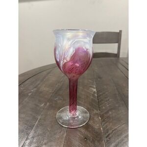 Ron Hinkle Hand‎ Blown Art Glass Pink Iridescence Wine Goblet Signed 2005 8"